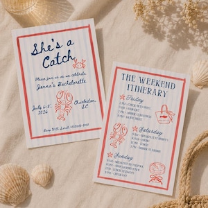 May include: Two rectangular white cards with light blue vertical stripes and red borders. The left card reads She's a Catch for Jenna's Bachelorette, July 6-8, 2026, Charleston, SC. The right card lists The Weekend Itinerary with Friday, Saturday, and Sunday events.