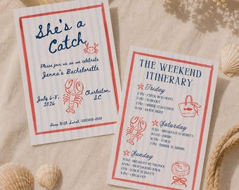 Lobster Bachelorette Itinerary, Last Toast on the Coast, She's a Catch Bachelorette Party Invite, Fishermancore Bach Party, Coastal Bach