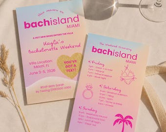 Bachelorette Island Invitation & Itinerary, Tropical Party Template, BachIsland, Loveisland Themed Bachelorette, Editable Canva Template