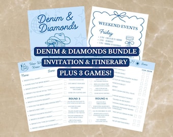 The Denim and Diamonds Invitation and Itinerary Game Bundle, Denim Themed Bach, Cowgirl, Last Rodeo, Canva Template, Nashville Bach
