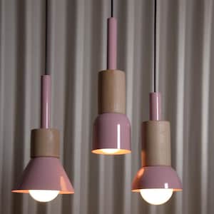 Pink Pendant Light Trio – Handmade Minimal Ceiling Lamp with Wood Accents for Living Room or Café Decor