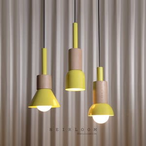 Yellow Pendant Light Trio – Handmade Minimal Ceiling Lamp with Wood for Kitchen, Dining or Studio