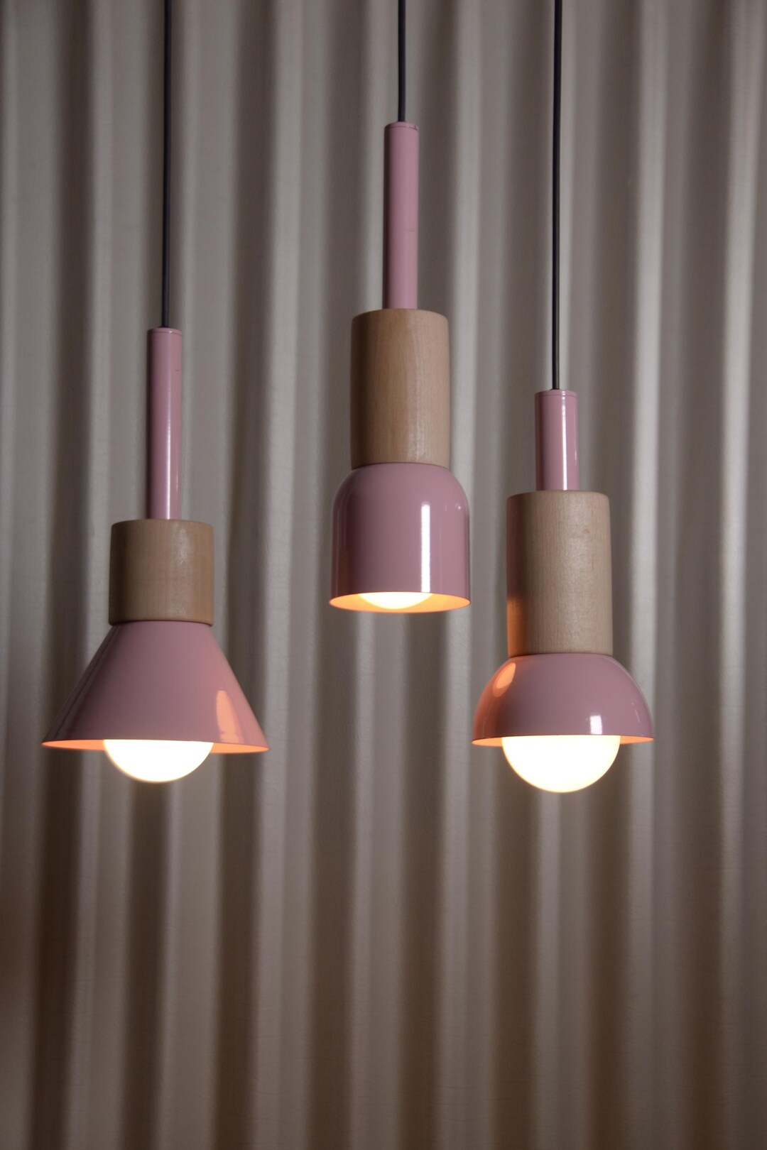 Pink Liught Handmade Pink Pendant Light Trio – Minimalist Wood Accent Ceiling Lamps ...