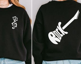 Rock Guitar Back Print Hoodie, Music Notes Sweater, Musician Gift
