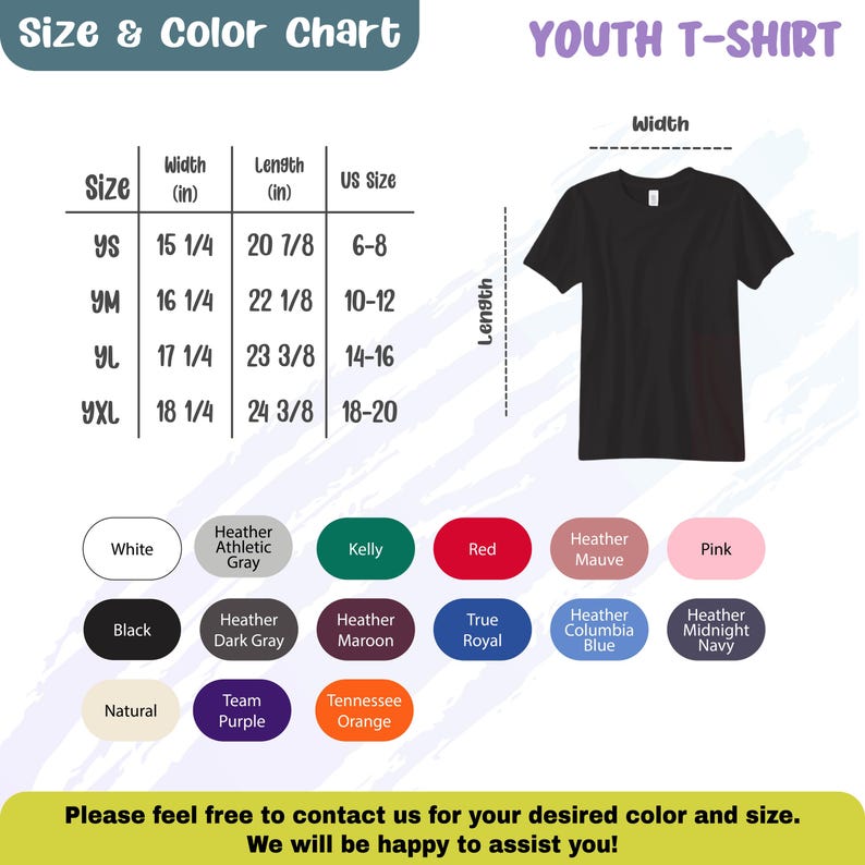 K&ouml;nnte beinhalten: Gr&ouml;&szlig;entabelle f&uuml;r T-Shirts f&uuml;r Jugendliche mit Ma&szlig;en in Zoll. Die Tabelle zeigt Gr&ouml;&szlig;en von YS bis YXL mit den entsprechenden Breiten- und L&auml;ngenma&szlig;en. Die Tabelle enth&auml;lt auch eine Farbtabelle mit verschiedenen Farben, darunter Wei&szlig;, Schwarz, Rot, Blau und Grau.