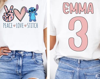 Peace Love Stitch Birthday T-Shirt, Custom Name Birthday Girl Boy Shirt, Stitch Birthday Outfit, Disney Birthday Gift, Personalized Birthday