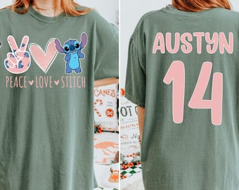 Comfort Colors Peace Love Stitch Birthday Tee, Custom Name Birthday Girl Boy Shirt, Stitch Birthday Outfit Disney Personalized Birthday Gift