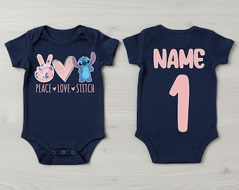 Peace Love Stitch Birthday T-Shirt, Custom Name Birthday Girl Boy Shirt, Stitch Birthday Outfit, Disney Birthday Gift, Personalized Birthday