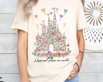 Disney Castle Floral Shirt, Vintage Disney Shirt, Happiest Place on Earth T-shirt, Magic Kingdom Shirt, Mickey Flowers Castle T-shirt