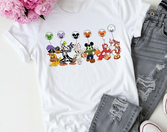 Disney Halloween Shirt, Halloween Matching Shirt, Disney Mickey and Friends Characters Halloween Balloons Tee, Disney Halloween Skeleton Tee