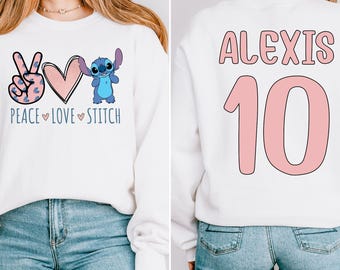 Peace Love Stitch Birthday Sweatshirt, Custom Name Birthday Girl Boy Hoodie, Stitch Birthday Sweatshirt, Disney Personalized Birthday Gift