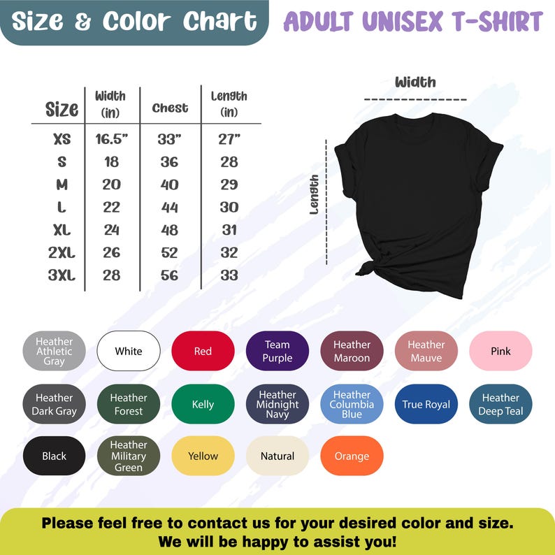 K&ouml;nnte beinhalten: Gr&ouml;&szlig;entabelle f&uuml;r Unisex-T-Shirts f&uuml;r Erwachsene mit Ma&szlig;en in Zoll. Die Tabelle zeigt die Breite, die Brustweite und die L&auml;nge der Shirts in verschiedenen Gr&ouml;&szlig;en von XS bis 3XL. Die Tabelle enth&auml;lt auch eine Farbpalette mit verschiedenen Graut&ouml;nen, Blau-, Gr&uuml;n-, Rot-, Lila- und Rosat&ouml;nen.