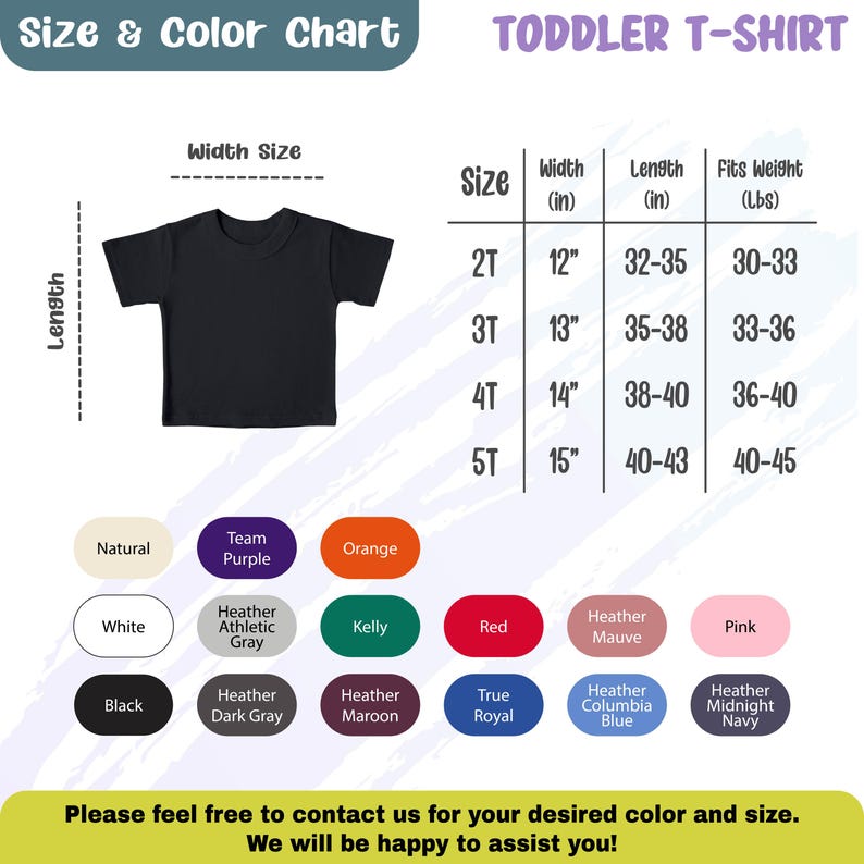 K&ouml;nnte beinhalten: Gr&ouml;&szlig;entabelle f&uuml;r T-Shirts f&uuml;r Kleinkinder mit Ma&szlig;en in Zoll und Pfund. Die Tabelle zeigt die Breite, L&auml;nge und das Gewicht des Shirts f&uuml;r die Gr&ouml;&szlig;en 2T, 3T, 4T und 5T. Die Tabelle enth&auml;lt auch eine Farbtabelle mit verschiedenen Farben, darunter Natur, Team Lila, Orange, Wei&szlig;, Heather Athletic Grau, Kelly, Rot, Heather Mauve, Pink, Schwarz, Heather Dunkelgrau, Heather Maroon, True Royal, Heather Columbia Blau und Heather Mitternachtsblau.