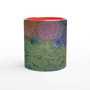 Hortensia koffiemok, pastelkleurige keramische beker, bloemencadeau voor haar, esthetische tuintheemok, gepersonaliseerd lentekeukendecor