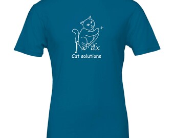 May include: Teal t-shirt featuring a white graphic of a cat integrated with a calculus equation. The text "Cat solutions" is below the cat illustration. The shirt is made of a soft material and has short sleeves.
