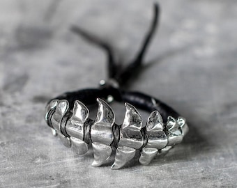 Alien Spine Silver Bracelet and Black Braided Leather Cuff Vertebrae