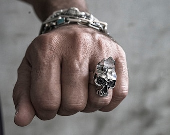 Crystal or Tourmaline Crowned Skull Ring in Solid Silver with Topaz Eyes, Mens Silver Ring, Silver Skull Ring