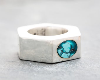 Bolted Genuine Kingman Turquoise Silver Ring, Arizona Turquoise Ring, Rings For Women, Rings For Men, Sterling Silver Ring