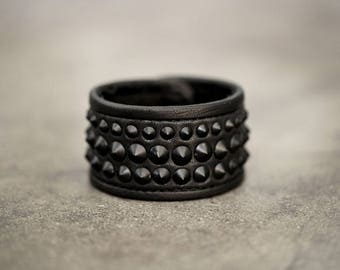 BLACK on BLACK studded punk leather cuff bracelet