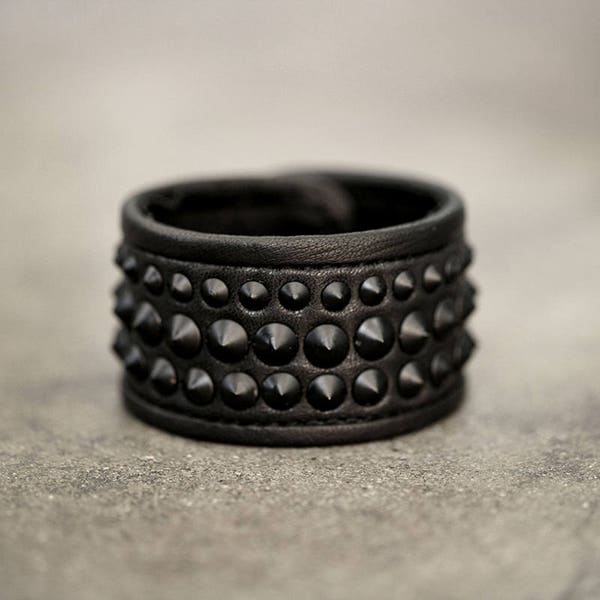 BLACK on BLACK studded punk leather cuff bracelet