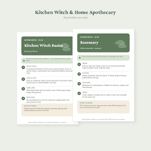 May include: Two printable cards titled Kitchen Witch & Home Apothecary, featuring Kitchen Witch Basics and Rosemary. The cards have dark green headers, white text, and light beige sections at the bottom, providing instructions and herb information.
