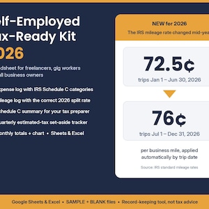 Hoja de cálculo para impuestos de trabajadores autónomos de 2026, registro de kilometraje, seguimiento del Anexo C (Google Sheets y Excel)