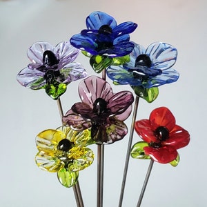 Glass Flower, Flower Plant Garden Stake, Single Flower, Fairy Garden Glass Art, Lampwork Glass image 1