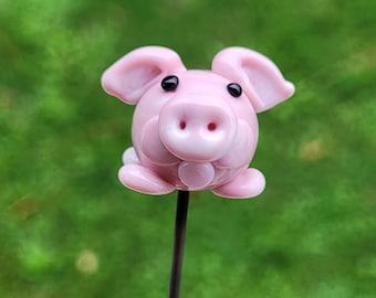 Pink Pig - Barn Yard Garden Art - Plant Stake - Lampwork Glass Pink Pig