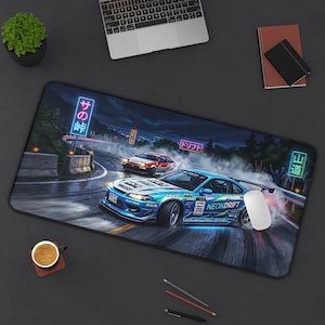Neon Drift Racing car desk mat | Anime touge night drift scene