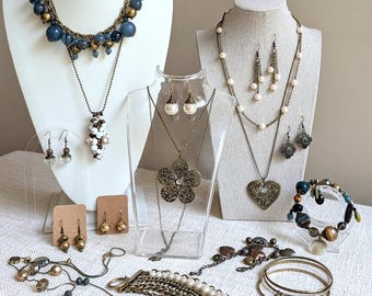 Vintage & Handmade Brass Tone Jewelry Lot | Necklaces, Earrings, Bracelets | Pearl Jewelry