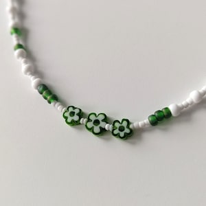 Green White Seed Beads Millefiori beads Necklace. Green flower Boho Choker. Summer Spring Jewelry. Fairy necklace Nature-inspired, romantic