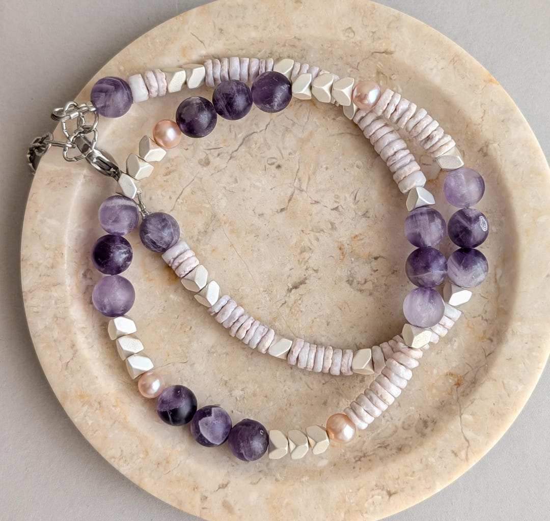 Amethyst, Heishi Shell & Pearl Necklace – One-of-a-kind Handmade ...