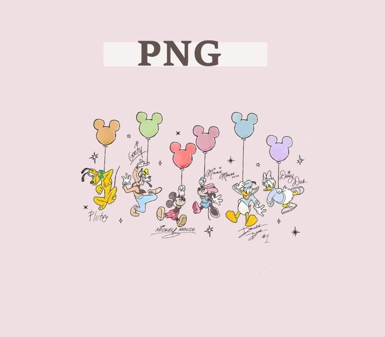 Pode incluir: Uma ilustra&ccedil;&atilde;o fantasiosa com os personagens da Disney Pluto, Pateta, Mickey Mouse, Minnie Mouse, Pato Donald e Margarida, cada um segurando um bal&atilde;o em forma de Mickey Mouse. Os personagens s&atilde;o coloridos, com suas assinaturas abaixo. A palavra "PNG" est&aacute; no topo.