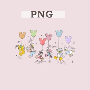 Pode incluir: Uma ilustra&ccedil;&atilde;o fantasiosa com personagens da Disney, incluindo Pluto, Pateta, Mickey Mouse, Minnie Mouse, Pato Donald e Margarida, cada um segurando um bal&atilde;o em forma de Mickey Mouse. Os personagens s&atilde;o coloridos, com seus nomes e assinaturas abaixo. A palavra "PNG" est&aacute; no topo.