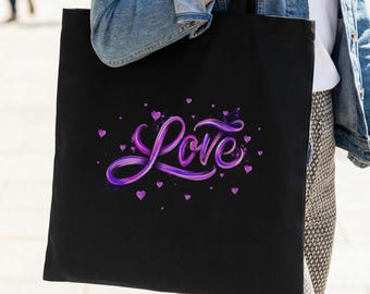 Borsa LOVE Tote – Borsa in cotone con stampa tipografica – Borsa elegante e distintiva – Borsa moderna con grafica – Borsa per tutti i giorni e per la spesa