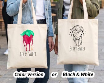 Borsa tote con fragole – Divertente borsa in tessuto con motivo a fragole – Borsa tote in cotone a colori o in bianco e nero – Elegante borsa per tutti i giorni