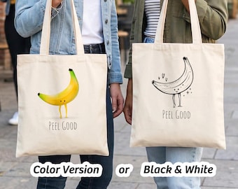 Borsa tote con motivo banana – Divertente borsa in tessuto con design a banana – Borsa tote in cotone a colori o in bianco e nero – Elegante borsa per tutti i giorni