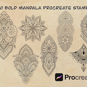Op de afbeelding: Afbeelding met 20 gedurfde mandala Procreate-stempels. De ontwerpen zijn gedetailleerde zwarte lijntekeningen op een bruinachtige achtergrond. Het Procreate-logo staat rechtsonder met de tekst "Procreate".
