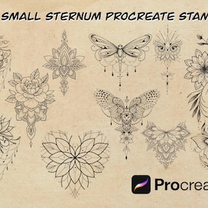 Op de afbeelding: Een verzameling van 30 kleine Procreate-stempels voor het borstbeen. De ontwerpen omvatten gedetailleerde lijntekeningen van bloemen, vlinders en andere sierlijke elementen. Het Procreate-logo is zichtbaar. De tekst "30 SMALL STERNUM PROCREATE STAMPS" staat bovenaan.