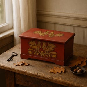 Hand Painted Rooster Wood Box: Primitive Style Decorative Storage