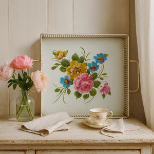 Vintage Hand Painted Metal Tray | Tray with Sides and Handles