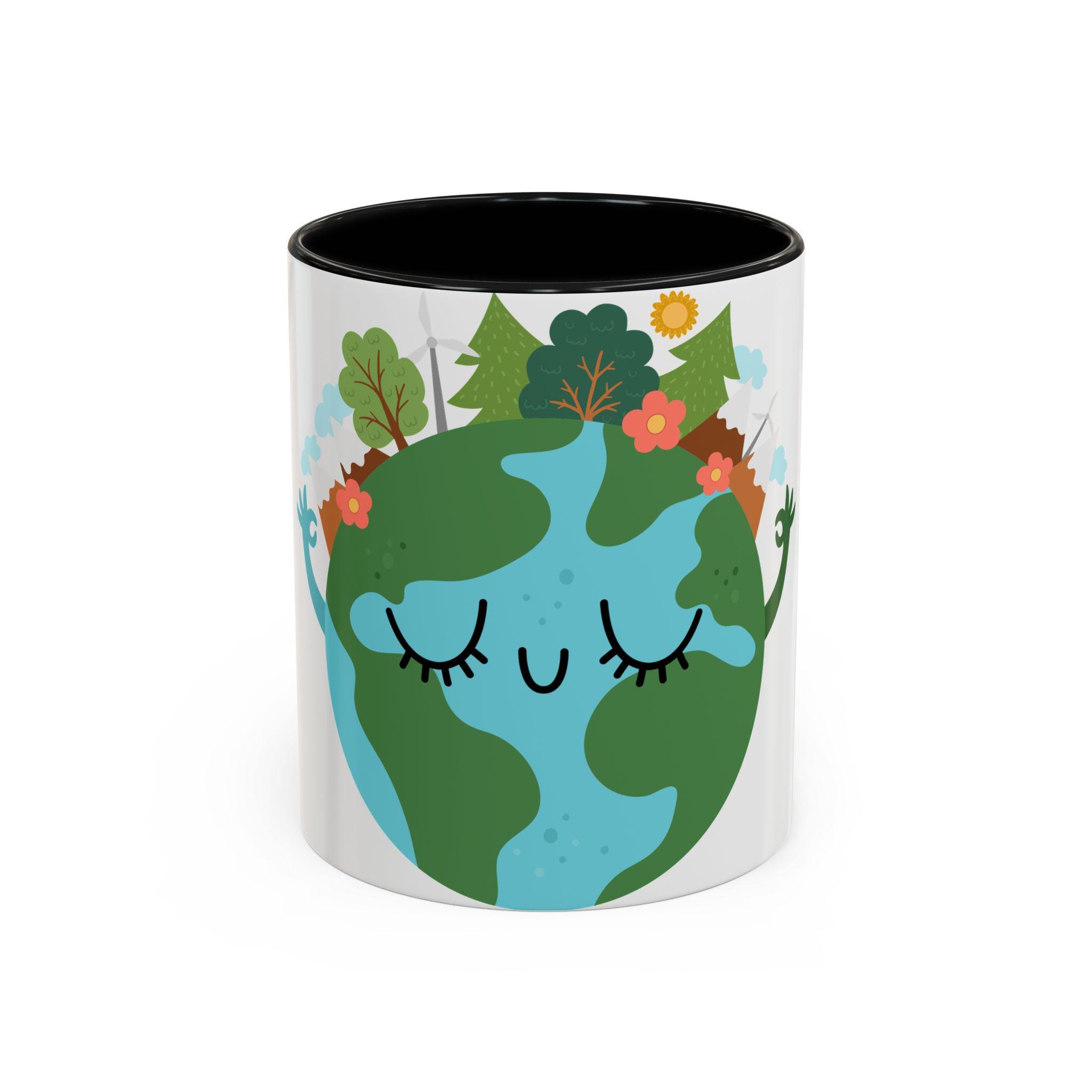 Eco-Themed Accent Coffee Mug, Earth Day Gift, Cute Planet Mug, Nature Lover's Mug, Greenery Coffee Cup, Sustainable Living