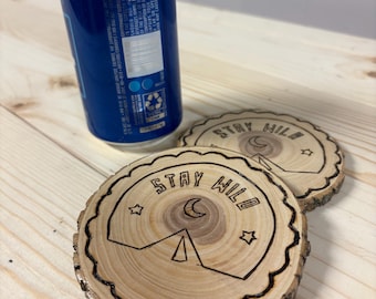 Stay Wild Wood Coaster – Rustic Tree Slice Coaster with Camp Scene | Hand-Burned & Sealed | Camping Gift | Cabin Decor | Outdoorsy Style