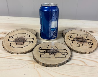 Personalized Wood Slice Coaster: Hand-Burned Rustic Initial Drink Coaster