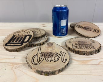 Beer Coasters – “Beer:30,” Beer Mug, “I Need Beer” Gauge – Wood Slice Coaster Set, Man Cave Decor, Bar Gift for Him. Gifts for Dad
