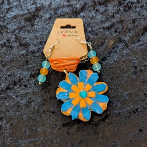 Large Blue And Orange Spiral Flower Resin Necklace And Earrings
