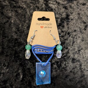 Small Blue Rectangle With Blue Stone Resin Necklace And Earrings