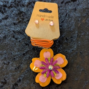 Large Orange, Pink, Yellow, And Purple Flower Resin Necklace And Earrings