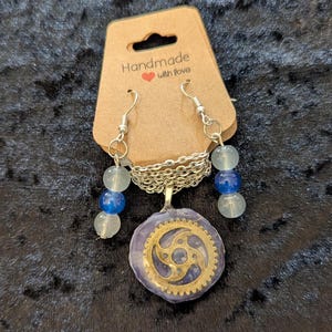 Dark Blue Circle With Gear Resin Necklace And Earrings