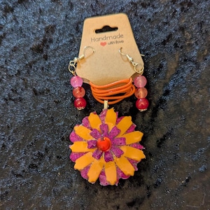 Large Purple And Orange Floral Resin Necklace And Earrings